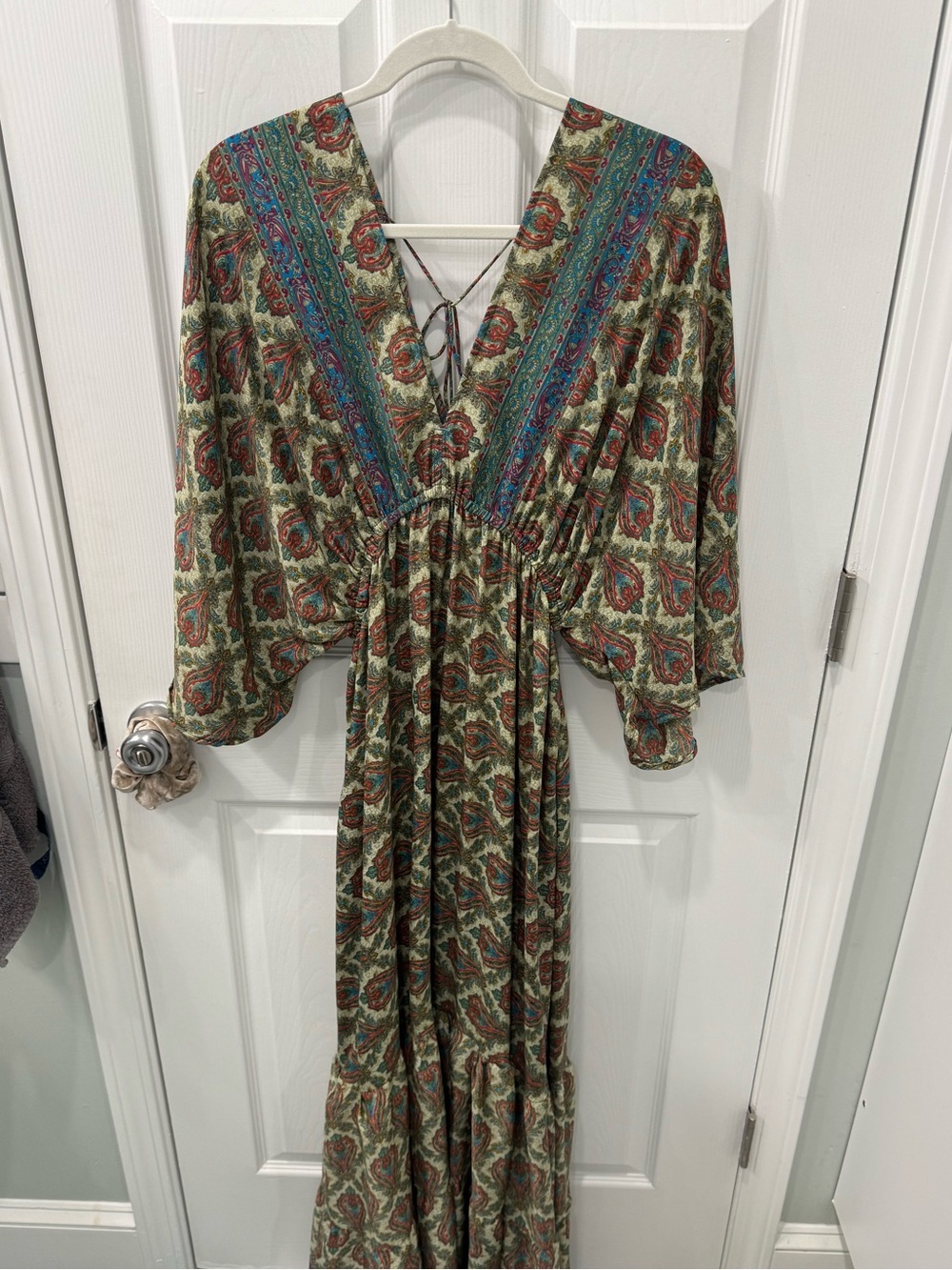 Bohemian Silk Maxi Dress V-Neck Bell Sleeve -Tiered Festival Resort Wear - Small